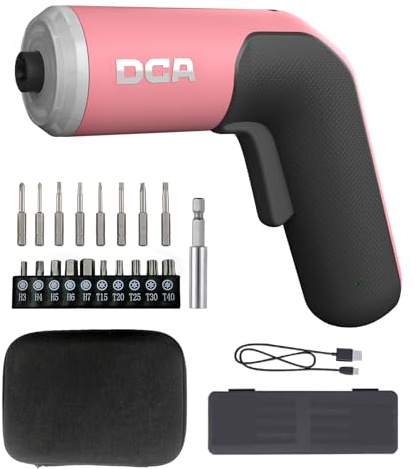 DCA Cacciavite elettrico 4V, 5 N·m con batteria al litio da 2000 mAh, mandrino esagonale magnetico da 6,35 mm, cavo di ricarica USB-C, 18 inserti per riparazioni di mobili, rosa ADPL05-5