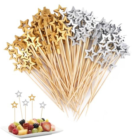100 Piezas Palillos para Aperitivos de Bambú 13.5CM Natural Palillos de Cóctel de Estrellas Oro y Plata Fácil de Agarrar para Cócteles, Pasteles Barbacoas, Fiesta de Navidad y Boda Decoración