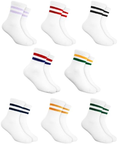 WEESTAAMO 8 pares de calcetines deportivos para niños 23-28 calcetines de tenis para niños y niñas, calcetines de algodón con rayas retro, calcetines de alta elasticidad para la escuela, tenis y uso