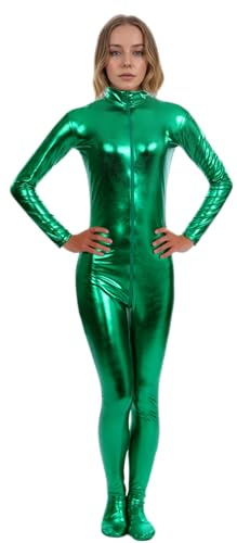 ATHX Women's Shiny Metallic Wet Look Bodysuit Costume Halloween Cosplay Front Zipper Skin Zentai Suit (Green, Medium)