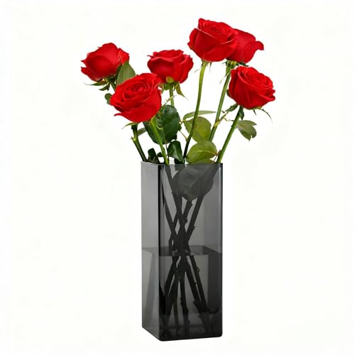 Koelaa Jarrón Acrílico Gris Translúcido para Flores, Jarrones Decorativos Modernos Irrompibles, Florero Minimalista Cuadrado para Salón/Bodas, Centro de Mesa Moderno para Hogar/Restaurante - 10x25cm
