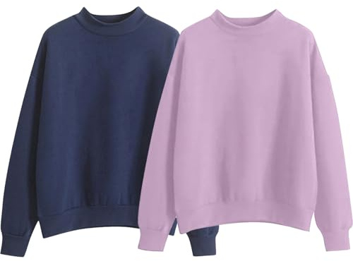 Générique Lot de 2 Sweat Femme San Capuche 2025 Sweat-shirt Femme Décontracté Simple Couleur Unie Manches Longues à Col Rond Blouse Top Pattes Lavage Hauts basiques Pull Automne - Hiver