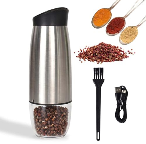 Molinillo Pimienta Eléctrico,USB Recargable, Molinillo Sal de 90ml,Operación con una Mano,Grueso Ajustable,Molido Automático por Gravedad,Acero Inoxidable,1 Pieza (Plata)