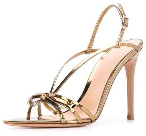 Sandalias de Stiletto Ultra Altas Mujer Cuero de Charol Dorado Hebilla de Correa Punta Afilada Tacones de Vestir Sandalias para Fiesta Nocturna Tacón Sexy para Fiesta y Banquete,Oro,39 EU