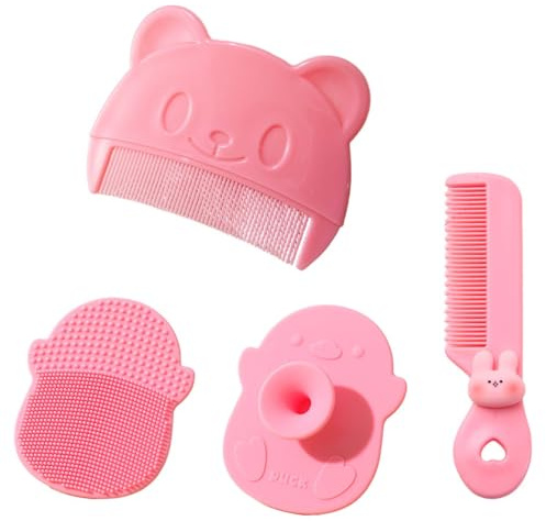 COYUN 3 Pcs Cepillo Costra Láctea Bebe,Costra Láctea Bebe,Peine Bebe Recien Nacido,Cepillo Silicona para Baño,Peine de Masaje y Cepillo de Baño Apto para el Cuidado del Cuero Cabelludo del Bebé(Rosa)