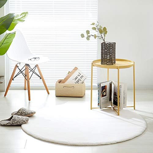 Teppich Wölkchen Fell Rund, Fellteppich Rund, Kunstfell Teppich Waschbar, Hasenfell, Kaninchenfell - Flauschiger Teppich Wohnzimmer, Bettvorleger Schlafzimmer - Weiss - Rund 120cm