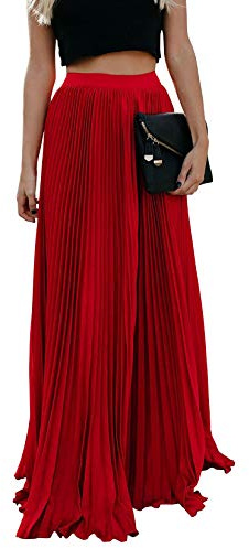 ebossy Women's High Waist Flowy Pleated Chiffon Maxi Skirt - Red - Large