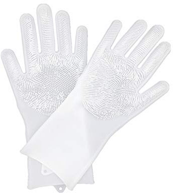 Geschirrhandschuhe, Silikon Spülhandschuhe mit Wash Scrubber Reinigungshandschuhe,Kitchen Gloves,Magische Handschuhe,Silikonhandschuhe für Küche, Abwasch, Tierpflege, Bad, Autowäsche (Durchscheinend)