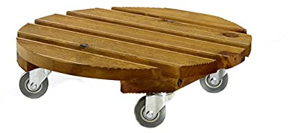 Samuel ALEXANDER Pack of 2 Handcrafted Heavy Duty Round Traditional Wood Garden Patio Plant Flower Pot Stand Caddy Trolley on Strong Metal Castor Wheels 40cm