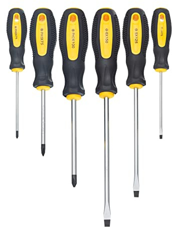 HPMAISON 6tlg Schraubendreher Set Chrom-Vanadium-Stahl mit Magnetische Spitze, 3 Kreuzschlitz (PH0x75mm/PH1x75mm/PH2x100mm) und 3 flache (3x75mm/5x125mm/6x150mm)