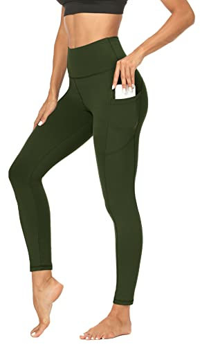 DDOBB Sport Leggings Damen High Waist Mit Taschen Bauchweg Sportleggins Gym Sporthose Leggins Blickdichte Lang Po Push Up Laufhose Yoga Hosen(Normal-Armeegrün,XXL)
