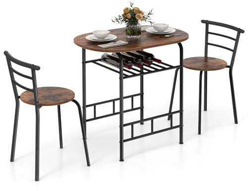 TANGZON Dining Table and Chairs Set 2, 3-Piece Compact Dining Room Set with Storage Shelf, Metal Frame, Breakfast Bar Table for Kitchen, Living Room and Lounge Office (Rustic Brown)