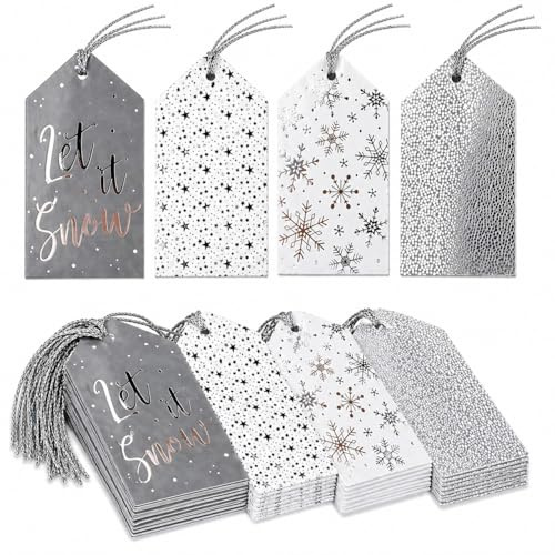 20 Luxury Silver Christmas Tags with Foil Design – 11.5 x 6.2cm – Snowflake & Star Patterns – Pre-Attached Silver Strings – Premium Holiday Present Tags for Xmas Wrapping & Gift Bags
