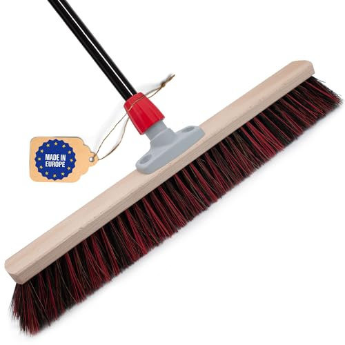 Novaliv Balai de rue avec manche - 60 cm - Poils Arenga-Elaston - Idéal comme balai d'extérieur - Balai de jardin avec manche - Poils durs - Balai de terrasse - Balai d'écurie - Balai industriel -