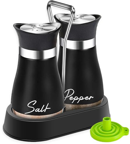 UDQYQ Salt and Pepper Shakers Set with Holder,Cruet Sets Stainless Steel Salt and Pepper with Glass Bottom,Refillable Salt Shaker Kitchen Gadgets for Counter Modern Decor Table (Black)