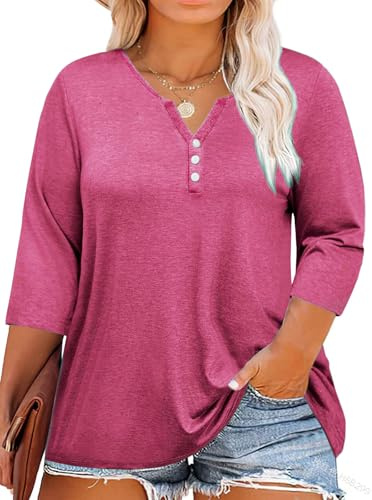 Fisoew Maglietta da Donna con Maniche a 3/4, con Scollo a V, Oversize, con Bottone, Rosso Scuro, 5X-Large