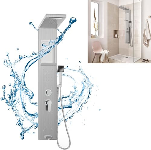 YUENFONG Pannello doccia 5 in 1 in acciaio inox, doccia multifunzione, con doccia a pioggia, cascata, massaggio alla schiena, doccetta, facile da montare a parete, argento spazzolato