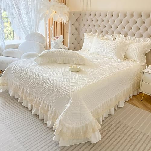 Zhiyuan Copriletto trapuntato e 2 federe con volant in fibra di cotone lavato, 245 x 250 cm, Beige