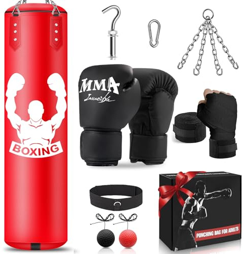 YORWHIN Ensemble de sac de frappe lourd de 1,2 m, sac de frappe non rempli, balle réflexe, gants MMA, bracelet, équipement d'entraînement de boxe pour adultes, karaté, kickboxing, muay thaï