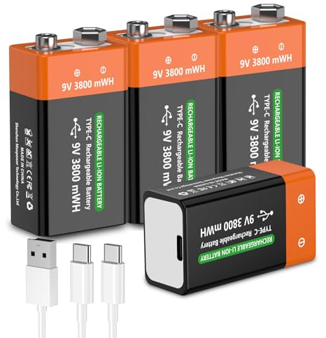 FLSTOR 9V Batteries, 3800mWh Li-Ion Rechargeable 9 Volts Battery for Smoke Detectors, Safety & Security Devices, CO Alarms, Remote Controls, Household Electronics with Charging Cable, Pack of 4