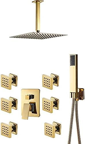 Ultra Thin Gold Shower Faucet Set - 6 Piece Hydro Shower Kit with 12 Inch Rainfall Shower Head & 3 Way Mixer Tap - Complete Luxury Shower System with Jets