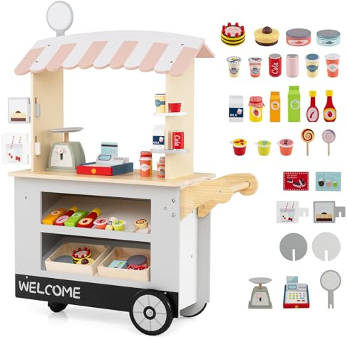 HOMASIS Kaufladen Kaufmannsladen Holz mit 30 Spielzubehör, Verkaufsstand Supermarkt-Set mit 3 Rädern, Lebensmittelwagen mit Kasse, POS & Waage, Verkaufswagen Rollspiel für Kinder ab 3 Jahren (Grau)