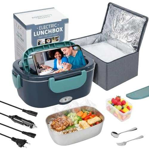 Carehabi Fiambrera Eléctrica 60W, lancheira Electrica 1,5L en Coche Camión y Oficina 12V 24V 220V, Calentador de Comida Portátil con Bolsa Térmica y Cubiertos, Acero Inoxidable