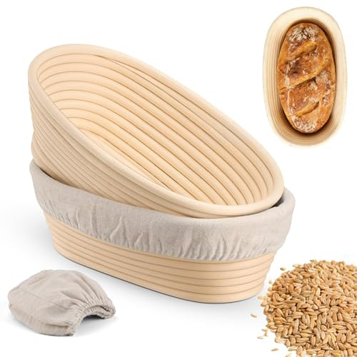 Puniama 2PCS 25cm Oval Banneton Bread Proofing Basket Set – Natural Rattan Sourdough Proving Basket with Linen Cloth Liner for Home Baking, Dough Rising & Artisan Bread