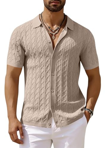 Chemise Homme Manches Courtes Tricotée À Boutons Col Cubain Maille Torsadée Été Haut Décontracté