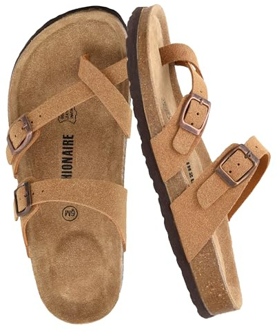 CUSHIONAIRE Luna Sandals for Women, Cork Footbed Womens Sandals for Summer Comfort with Adjustable Straps, Wide Width Available, BROWN 6.5