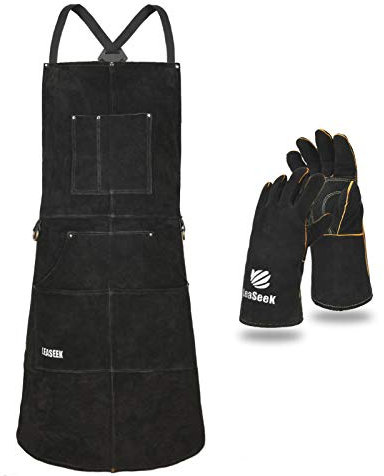 LeaSeek Delantal de trabajo de cuero – 6 bolsillos para herramientas para hombres y mujeres – Delantal de soldadura – Ideal para carpintería, herrería, jardineros, mecánicos, barbacoa