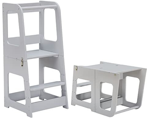 KYWAI® Montessori Lernturm ab 1 Jahr Klappbar Groß– 2-in-1 Premium Learning Tower & Tisch – Lernturm klappbar, Nachhaltiges Unternehmen, höhenverstellbare Stufe, Innovatives (grau)