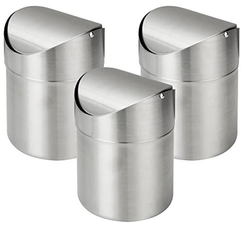 MIVIDE 3 Pack 1.5L Mini Desktop Bin with Swing Lid, Tea Bag Bin Holder, Stainless Steel Desk Trash Bins for Office Bathroom Kitchen, Small Containers for Coffee Pods Tea Bags 12 * 12 * 16.5CM