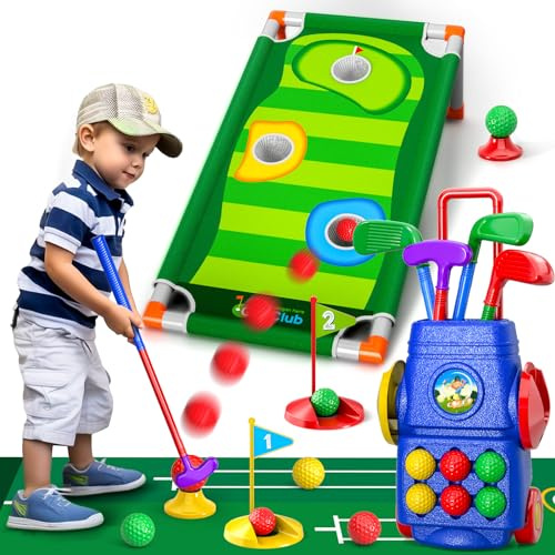 Doloowee Club de Golf pour Enfants, Ensemble de Golf 2 en 1 avec Planche de Golf, Tapis de Putt, 6 balles, Jouet de Sport d'intérieur et d'extérieur pour garçons et Filles de 3 4 5 6 Ans