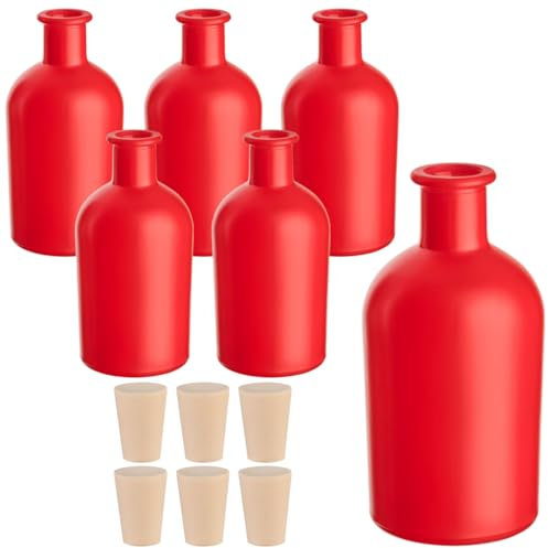 gouveo Set di 6 bottiglie di vetro da 250 ml farmacista rosso con tappo – bottiglia rotonda da riempire – bottiglia vuota da farmacista per liquore, olio, aceto (AFRR250PEK)