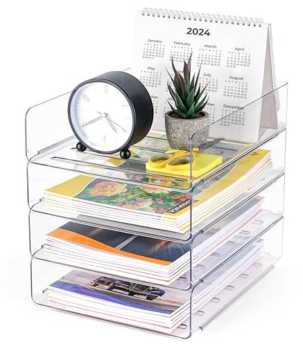 Winter Shore Durchsichtige Ablage Schreibtisch (4er-Pack) - PET-Ablagefächer Stapelbar für Briefe, Dokumente, Büromaterial - Hochformat, Gewölbte Unterseite - 32 x 25,3 x 7,6 cm pro Ablage Büro