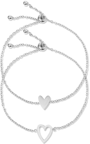 Mikovivi 2pz Braccialetti a Cuore Abbinati, Catena Placcati in oro Delicato Amore Amicizia Braccialetti Gioielli Regolabili Set di Braccialetti Cuore Regalo per Donne Anniversario di Ballo (Argento)