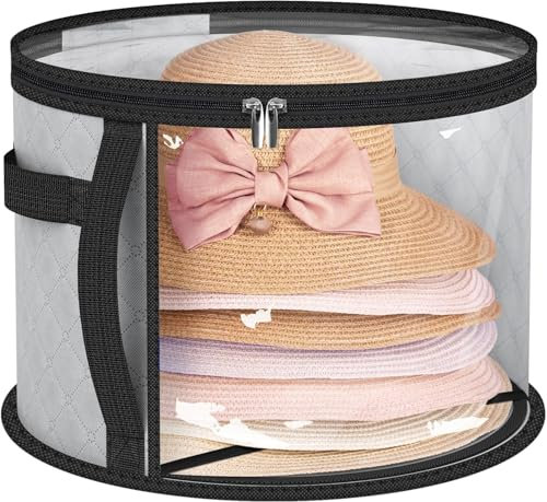 MISSLO Large Hat Boxes with Lids, Round Cowboy Hat Storage Organiser for Closet Travel Baseball Cap Bag, Wide Brims Cap Case with Carry Handles, Holds up to 7 Caps (Grey)