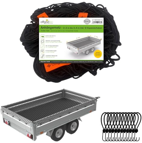 Offgridtec Rete di sicurezza per rimorchio, 2 x 3 m su 3 x 4 m, estensibile e a maglia fine, include 12 ganci di serraggio, marcature angolari, corda in gomma rinforzata, fissaggio del carico per