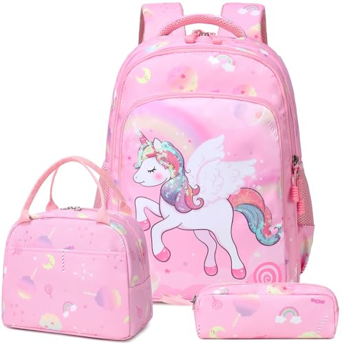 Kimwadalh Licorne Cartable Fille Primaire Sets de Sacs Scolaires Cartable Filles Primaires CE1 CE2 Sac à Dos Licornes Enfant + Isotherme Panier Repas + Trousse