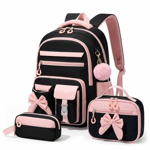 Amythe Sac à Dos Fille Primaire 3 Pièce, Ensemble Cartable Enfant Scolaire avec Sacs à Déjeuner et Trousse Crayon, Sac Ecole pour Fille 8 à 15 ans, Noir