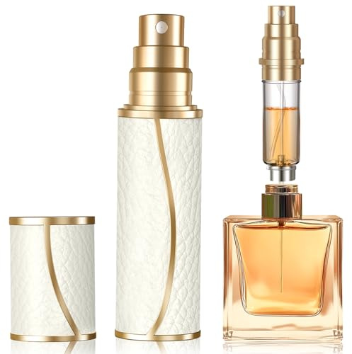 Perfume Refillable Atomizer 10mL Perfume Spray Bottle Leather Material | White,Vacuum Seal,Leak proof,Fine Mist,Portable,Mini Size,Adaptors Included,Perfect for Travel/Party/Date,Gifts for Women/Men