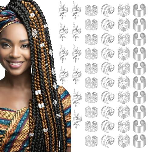 50Pcs Silver Hair Jewelry for Braids and Dreadlock Silver Hair Rings Cuffs Braid Accessories Adjustable Braid Rings Loc Jewelry Hairs Charms for Women