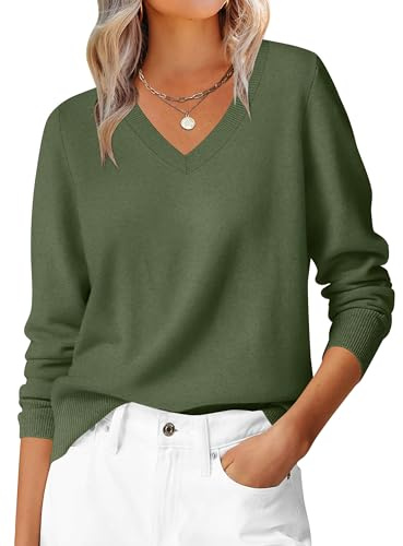 HOTOUCH, maglioncino da donna con scollo a V, a maniche lunghe, maglione lavorato a maglia leggero e ampio, caldo per autunno e inverno, taglie S-XXL, Verde, S