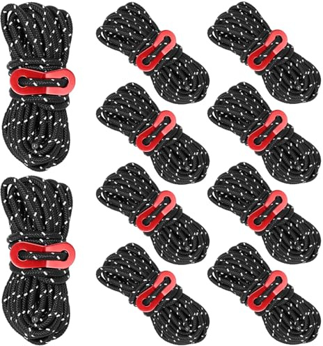 QWORK® 10Pcs Reflective Tent Guy Ropes with Aluminum Tension Adjuster, High-Strength Nylon, 4m Length, 4mm Diameter - Perfect for Camping, Hiking, and Outdoor Activities