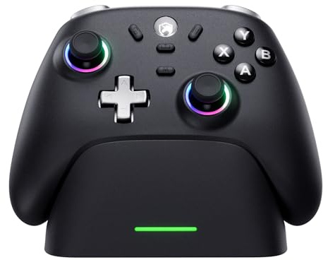 ECHTPower Mando para PC con Base de Carga, 1000Hz Taza, Hall Joystick, 3 Modos-Bluetooth/2.4G Inalámbrcio/Cable, 800mAh Batería, Turbo,Vibración, Mando Gaming con Luces para PC/NS/Swicth 2/iOS/Android