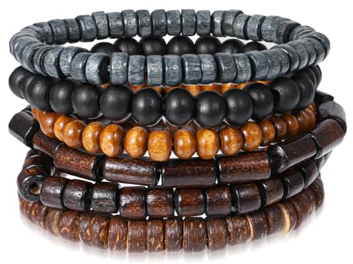 Matwsec 6 Pcs Beaded Bracelets for Men Adjustable Wooden Beaded Bracelets Elasticity Rope Vintage Multi-Layer Mens Bracelet Braided Multilayer Grunge Set Cuff Wrap Meaningful Gift