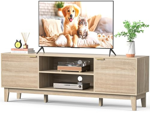 Skokliz TV Unit, 178cm Fluted TV Stand Cabinet, Mid-Century Modern TV Console for TVs up to 80 inch, Farmhouse TV Cabinets with 2 Storage, Media Console Table for Living Room, Oak