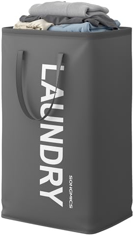 SONGMICS Cesto Ropa Sucia, 80 L, Cesta de Ropa Plegable, con Asa, Bolsa para Ropa, Repelente al Agua, para Lavadero, Dormitorio, Baño, Gris Pizarra RLH001GN01