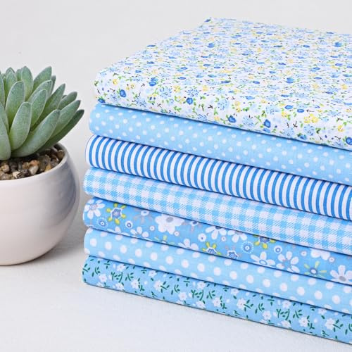 7Pcs Blue Fat Quarters Fabric Bundles, 50CM x 50CM Precut Soft Easter and Spring Quilting Cotton for Sewing DIY Making Supplies Patchwork Gingham Fat Quarter Material